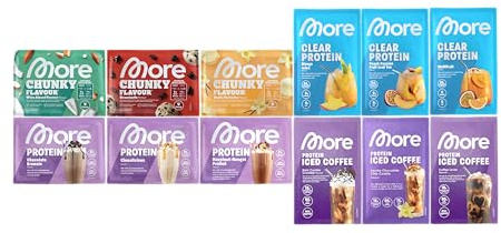 MORE mixed Protein- und Geschmackspulver Probenbundle, 12er Pack, aus Chunky Flavour, More Clear, More Protein, Protein Iced Coffee, ideal zum Muskelaufbau und -erhalt (Sorten können variieren)