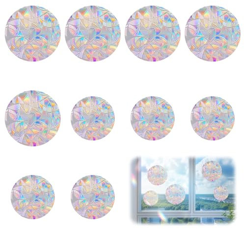 Fensterfolie bunt rund 10 Stück 5 groß 5 klein, Fensteraufkleber Vogelschutz, Prisma Suncatcher Fenster, Regenbogen Folie Fensterbilder, Fenster Sticker
