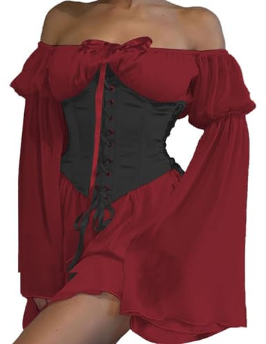 FDKLOOK Womens Corset Dresses Off Shoulder Bell Sleeve Irregular Fairy Party Gothic 2 Piece Set Mini Fancy Dress L