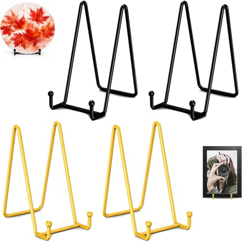 Constefire Plate Stands for Display 4 PCS - 6 Inch Plate Holder Display Stand + Metal Frame holder stand for Picture, Decorative Plate, Book, Photo Easel Golden Black(4 Pack, 2Color).