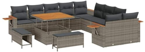 vidaXL 13-teiliges Garten-Sofaset mit Kissen in Grau aus Poly Rattan und Akazie | UV-beständige modulare Gartenmöbel für 5 Personen, stylische Lounge für Balkon und Terrasse