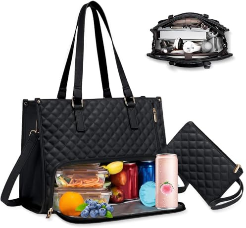 WDKXCN Lunch Tote Bags for Women, 2 in 1 Tote Bag Lunch Bag Combo, Handbag with Lunch Compartment, Large Capacity Work Handbag for Business, Nurse, Office, Collage and Casual, Black