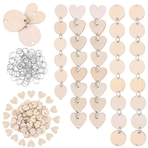 Piriuuo 210 Stück insgesamt Holzkreise Set, Holzherzen zum Basteln, rundes Namensschild aus Holz mit Löchern und Ringklammern, blanko, Ballon, Geburtstagskalender, Holzornamente für