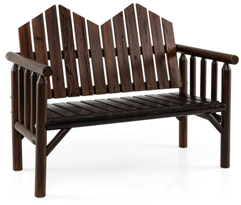 KOMFOTTEU Gartenstuhl aus Massivholz, Holzstuhl mit Armlehnen und hoher Rückenlehne, ergonomische Balkonbank mit Lattenrost, für Garten, Terrasse (Braun, 2-Sitzer)