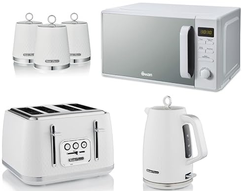 Swan Elegance White 1.7L Kettle, 4 Slice Toaster, Canisters and 800W 20L Digital Microwave. Contemporary Matching Kitchen Set of 6 with a Premium Textured White Finish