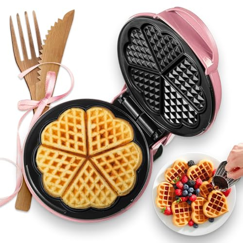 GVAKMM Gaufrier Mini Rouge (Cœur), Petit Gaufrier Keto, Machine à Gaufres Mini pour Enfants, Familles et Célibataires, Plaques de Cuisson Antiadhésives de 18 cm avec Chauffage Rapide et Uniforme