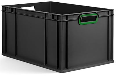 aidB Eurobox NextGen 2.0 Cycle - 600x400x320mm – 65L Aufbewahrungsbox aus recyceltem Material - Stapelbare Lagerbox in Anthrazit – offene Griffe - Industriequalität - inkl. ColorClips in Grün