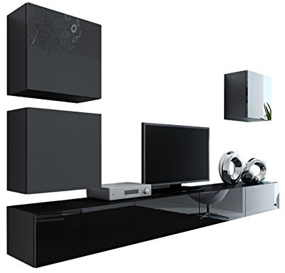 Wohnwand Vigo XXII, Design Mediawand, Modernes Wohnzimmer Set, Anbauwand, Hängeschrank TV Lowboard, (Schwarz/Schwarz Hochglanz)