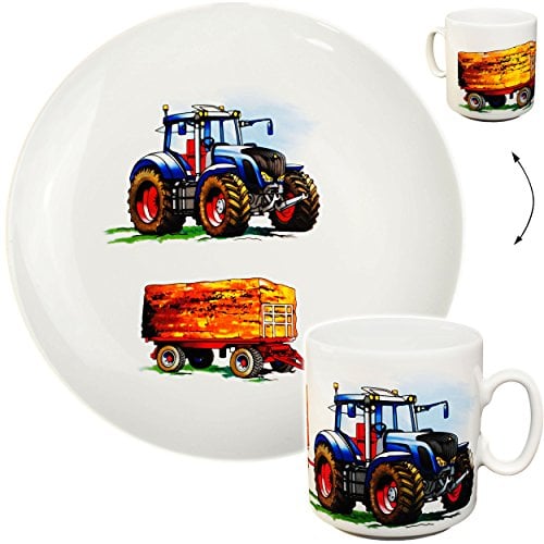 2 TLG. Set großer Teller/Kinderteller + Henkeltasse - Traktor - Trecker mit Anhänger - Bauernhof - aus Porzellan/Keramik - Tasse - Speiseteller/Fr..