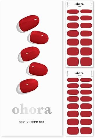 ohora Semi Cured Gel Nail Strips (N Addict) - Works with Any Nail Lamps, Salon-Quality, Long Lasting, Easy to Apply & Remove - Includes 2 Prep Pads, Nail File & Wooden Stick - Red