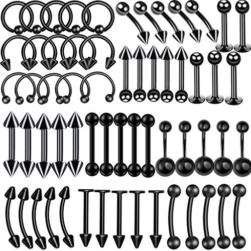 Schwarz Piercing Set damen herren 60 x Edelstahl Mix Körperschmuck Studs Barbells schwarz Bananabells für Ohr Lippe Nase Zunge Bauchnabel Augenbrauen Nippel schwarz Piercing Ring Punk 1.2 * 10mm (10)