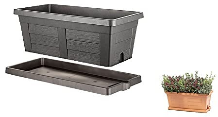 BAMA Blumenkasten in Holzoptik, 80 x 40 x 34 cm + Untersetzer 80 cm, Anthrazit, Pflanzgefäß + Gratis-Geschenk wie abgebildet