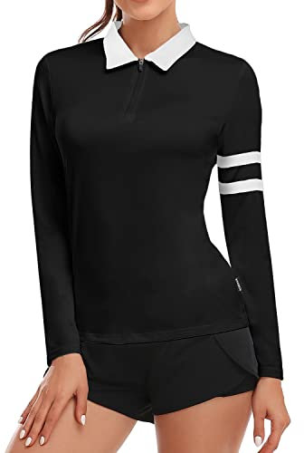 Soneven 1/4 Reißverschluss Golf Poloshirt Damen Langarm Schwarz Polohemd Sport Polo Langarmshirt Damen Sportshirt mit Kragen für Wandern Golf Angeln 38