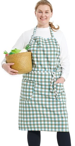 APRONNER Cotton Linen Baking Plus Size Aprons for Women with Pockets Kitchen Cooking, Green Grid, 2X/3X