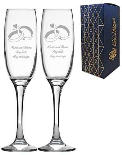 Personalised Engraved Wedding Champagne Glass Set with Any Message, Any Date, Wedding Rings Design, Two 7oz/207ml Custom Champagne Glasses, Engraved in The UK