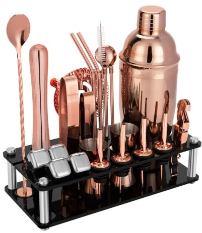 KINGROW Cocktail Making Kit, 23 Piece Bartender Kit with Stand 25oz Rose | Cocktail set prevents rust, no leaks, dishwasher-safe, 4 whiskey stones, for home bar party gift, recipe book for beginners