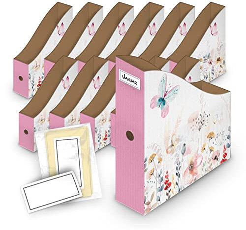 itenga Stehsammler Pappe Motiv Schmetterling für DIN A4-12er Set inkl Beschriftungsetiketten - Zeitschriftensammler Kartonständer Stehsammler Schreibtisch Organizer