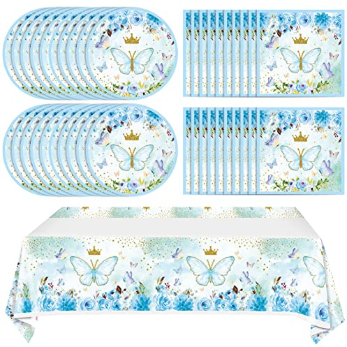 Juhap Blau Schmetterling Geschirr Set 20pcs Teller Servietten Tischdecke für 20 Gäste Schmetterling Thema für Mädchen Babyparty Geburtstag Party