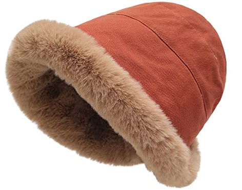 ZLYC Damen Winter Fischerhüte Hut Kunstpelz Cloche Hut mit Fleece Futter(Einfarbig Rostfarbig)