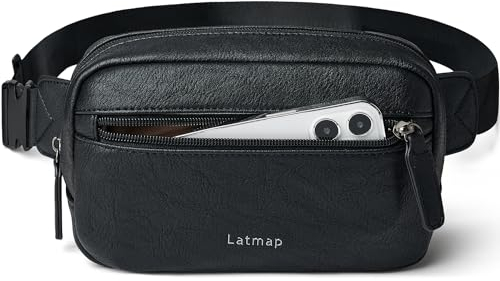 LATMAP Bauchtasche Damen,Crossbody Bag Damen PU Leder Bauchtasche Damen klein Wasserdicht Gürteltasche Damen diebstahlsicher Hüfttasche Damen für Outdoorsport,Reisen,Radfahren,Schwarz