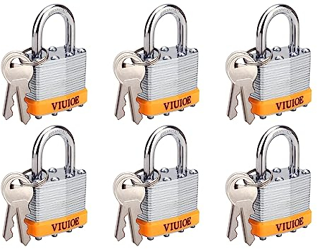VIUIOE 6 Pcs Keyed Alike Padlocks with Keys - Short Shackle Gym Locker Lock with Keys - Laminated Pad Locks with Same Keys for Door, Luggage, Gate, Storage, Fence, Cabinet, Garage, Shed, Latch