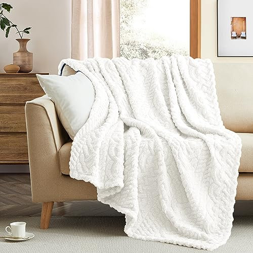 Coastline Sherpa Throw Blanket,Cable Pattern Decorative Soft Cozy Blanket for Couch Sofa,Light Weight Fleece Warm Throw Blanket for Bed,White,127 x 152 cm
