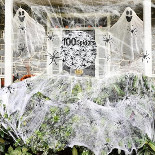 HUYIYI 400g Extra Groß Realistische Spinnennetze mit 100 Spinnen - Spinnenweben Halloween Party Deko