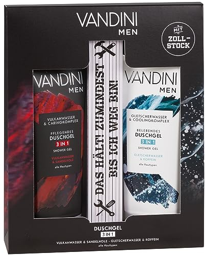 VANDINI Duschgel Set für Männer mit Zollstock - Pflegeduschgel mit Vulkanwasser & Sandelholz, Duschgel mit Gletscherwasser & Koffein, Meterstab - Herren Duschgel Set (2x 200 ml)