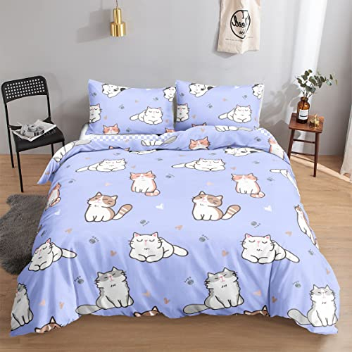 HOSIMA Katzen-Bettwäsche-Set, Bettbezug-Set für Erwachsene, Jungen und Mädchen, niedliche lila Katze, Schachbrettmuster, Bettbezug mit Kissenbezügen (lila Katze M)