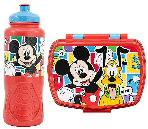 CARTOON Set pranzo per bambini 2 pezzi Topolino Disney, borraccia e portamerenda in plastica riutilizzabile senza BPA, bottiglia 430 ml e contenitore portapranzo