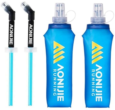 AONIJIE Lot de 2 bouteilles d'eau souples pliables en TPU sans BPA pour sac de course à pied (500 ml avec paille)