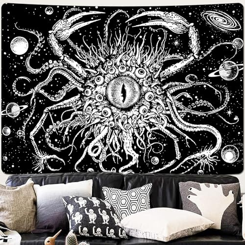 Uspring Schwarzer Wandteppich, Trippy Eyes, Wandteppich, Monster, Oktopus, Wandbehang, Schwarz und Weiß, Wandteppich, große Planeten, Wandteppich für Schlafzimmer, ästhetisch (150,1 x 210,1 cm)