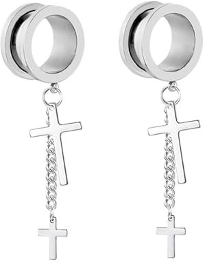 Whoiy Ohr Tunnel 14mm Edelstahl, 1 Paar Hängender Kreuzanhänger Ohrring Tunnel Silber Schrauben Ohr Tunnel Expander Set