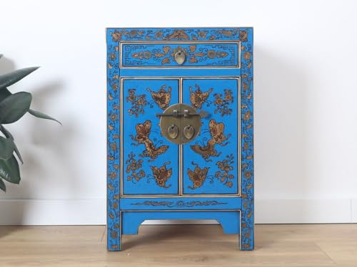 Yajutang Commode chinoise 1 tiroir 2 portes peinte en bleu