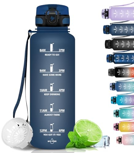 Grsta Botella agua - 1500ML - Botella de Agua Deportiva, Botella agua Gimnasio, a Prueba de Fugas y no BPA, Botella agua Gym Motivacional con Sello de Tiempo para Escuela, Camping - Azul marino