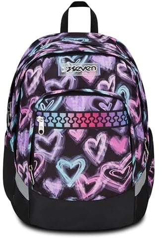 Seven Zaino Scuola Advanced Plus, Nero, Brilliant Heart, Doppio Scomparto Cinghia, Tasca Frontale con Organizer, Tasca Laterale in Rete Porta Borraccia, Zaino Scuole Medie, Superiori, Bambina, Ragazza
