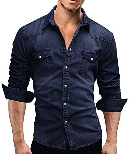 Rodawu Mens Denim Shirt - Stretch Cotton Cowboy Button Down Casual Jacket - Muscle Fit Deep Blue L