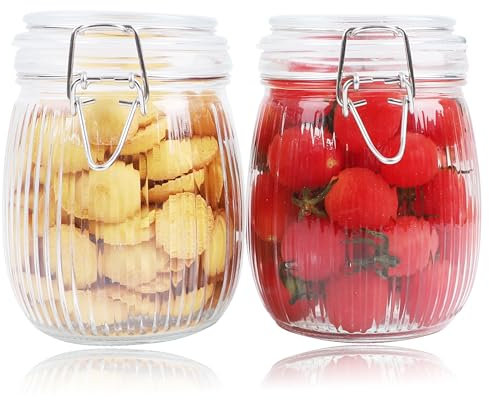 GMCOZY Glass Jars With Airtight Lid 24 Oz Wide Mouth Mason Storage Jars Air Tight Sealed Canisters With Clamp Lids For Refrigerator Kitchen Pantry Fruit Sugar Nuts Preserves Tea Coffee Beans 2 Set