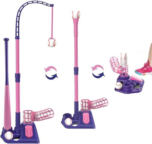 Set di palline da tè da baseball 3 in 1 rosa per bambini, pitching Machine/tè/mazza da baseball retrattile per esterni, giocattolo sportivo per ragazzi e ragazze 3+