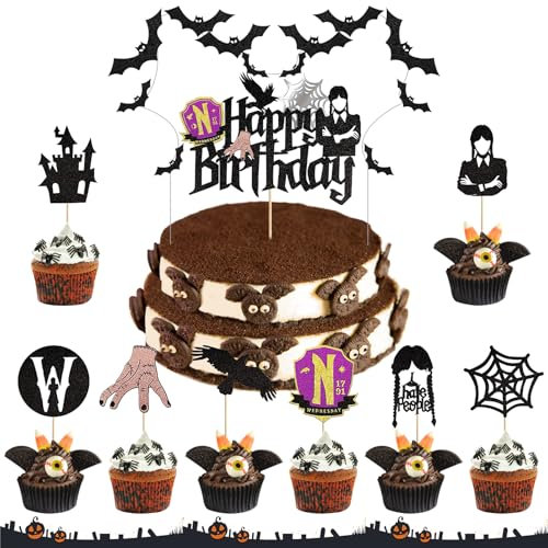 TOPJOWGA Halloween Cupcake Topper, 1 Stück Happy Birthday Cake Topper Glitter + 20 Stück Cupcake Dekorationen, Kuchendekoration für Karneval Geburtstagspartys