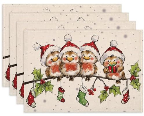 Bseical 4er Set Platzsets Weihnachten, 30x45cm Weihnachtsplatzsets, Tischsets Weihnachten Abwaschbar, Leinen Weihnachts Platzsets FüR KüChe Party Deko (E)