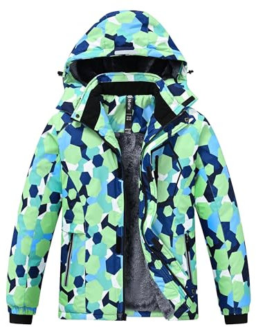 MoFiz Veste de Ski Garçon Hiver Chaud Blouson de Randonnée Imperméable en Polaire Coupe-Vent Neige Enfant Sport Manteau avec Capuche Amovible Camouflage Vert M(10-12 ans)