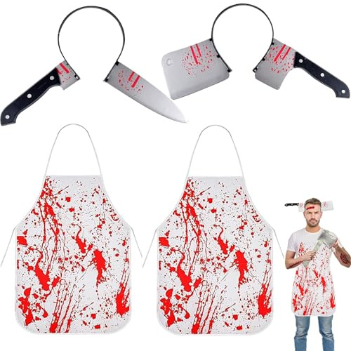 Mrracxy Horror Kostüm Accessoire Set für Damen - Messer im Kopf Haarreif + Metzger Schürze Halloween Fasching Karneval