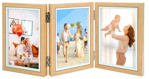TESSTSY Marco Triple de Madera, 10x15cm Marco Fotos Doblar, Marcos de Fotos Multiples Plegable 3 Fotos Marco Plegable Collage Triple Bisagra Marco de Fotos para Boda, Familia Amigo Regalo