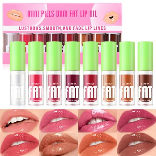 Boobeen Nicht-klebriges Lippenöl - 8 Stück, Plumper Lip Gloss Set, feuchtigkeitsspendender Lip Gloss mit Fruchtgeschmack, Behandlung für trockene Lippen für ein glänzendes Finish