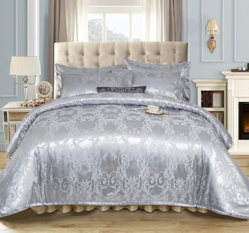 Gezu Silber Bettwäsche Satin 135x200cm Grau Microfaser 100% Weiche Jacquard Stickerei Wendebettwäsche Bettbezug 135x200 Romantisch Blumen Muster Luxuriös Modern Bettwaesche Set mit Reißverschluss
