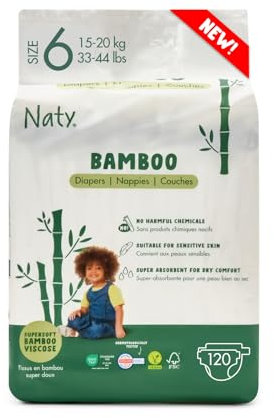 Naty Bamboo Baby Windeln aus Bambus-Viskose – Seidenweich, pflanzenbasierte Windeln, Dermatologisch getestet für empfindliche Haut & super saugstark (Größe 6, 120 Stück)