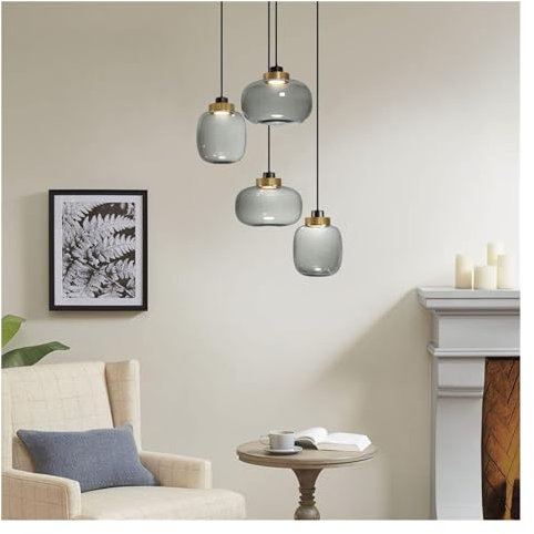 IONAZQTWW Lustre 4 lumières Suspension en Verre Gris fumé Semi-encastré Lampe Suspendue lustres en grappe Bricolage avec Ampoule à Puce LED pour îlot Bar Cuisine Couloir Salon Ferme (Couleur : fumée