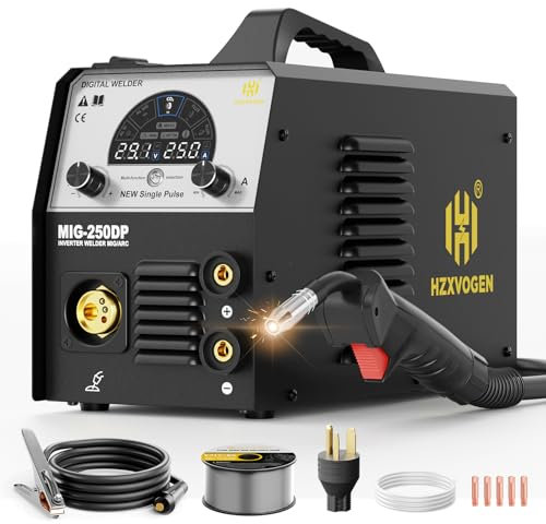 H HZXVOGEN Soldador MIG de aluminio, máquina soldadora de 250 A, 110 V 220 V, gas, núcleo de flujo MIG, pulso, elevación TIG, palo, máquina soldadora multiproceso 5 en 1 con pantalla LED