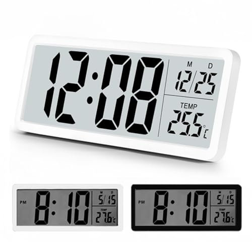 Digital Wall Clock Battery Operated, 20cm Bedside Clocks, Main Powered, Temperature, 12/24hr, Silent Kids Clock for Bedroom, Living Room, Office, Kitchen - White